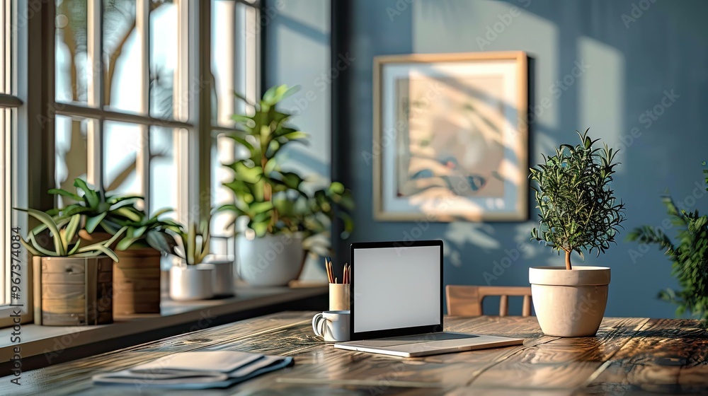 Vibrant home workspace with a view of lush garden scenery Vibrant home workspace with a view of lush garden scenery