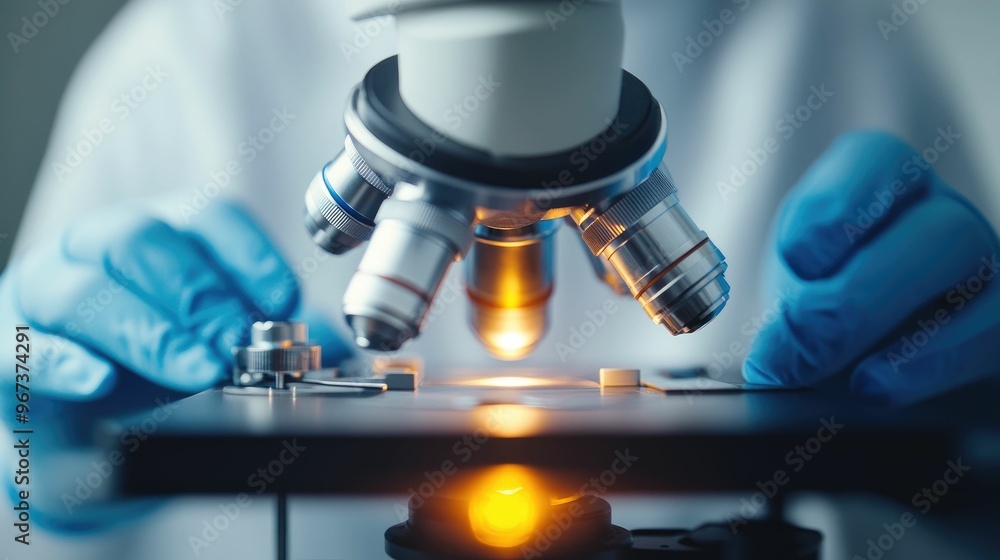 Microscope examining a sample in a laboratory setting. Microscope examining a sample in a laboratory setting.
