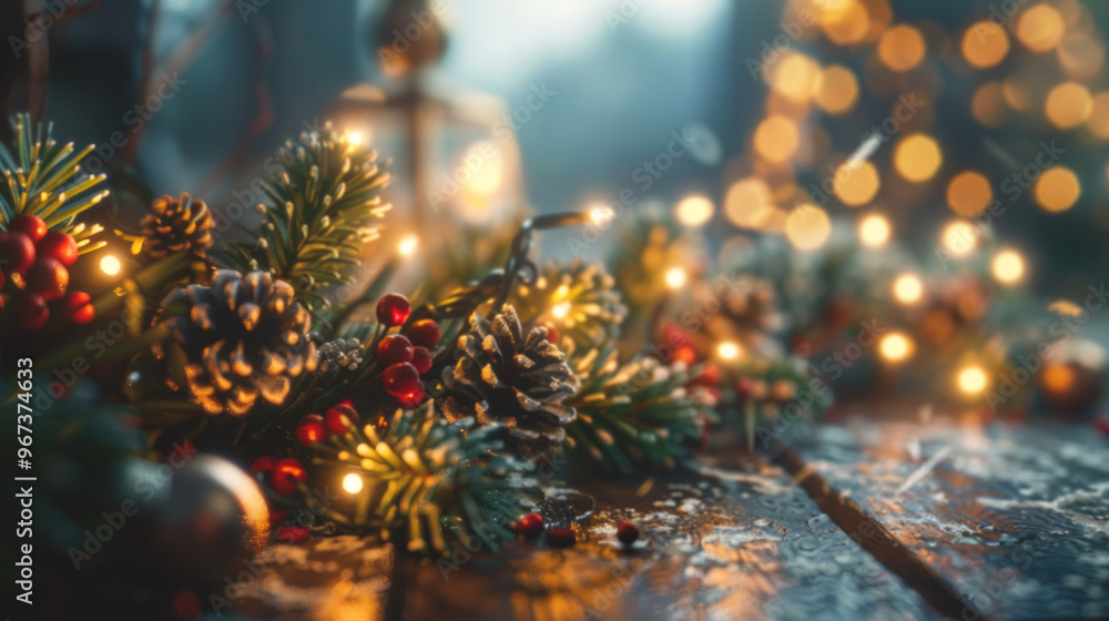 Fototapeta premium Christmas flower ornaments with lights on wooden table.