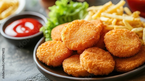 Plate of golden chicken nuggets with fries and ketchup.