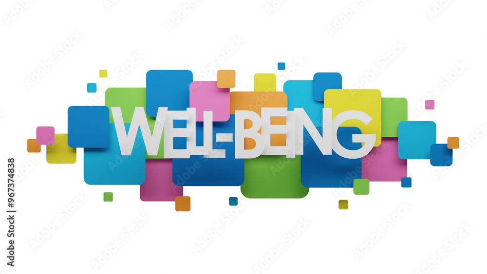 3D render of WELL-BEING typography banner on colorful squares 3D render of WELL-BEING typography banner on colorful squares