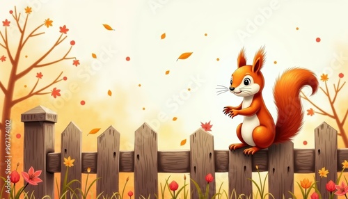 A cheerful squirrel perched on a wooden fence amidst falling autumn leaves and colorful flowers, capturing a serene fall scene.