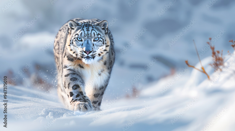 Obraz premium A snow leopard walks in a snowy environment.