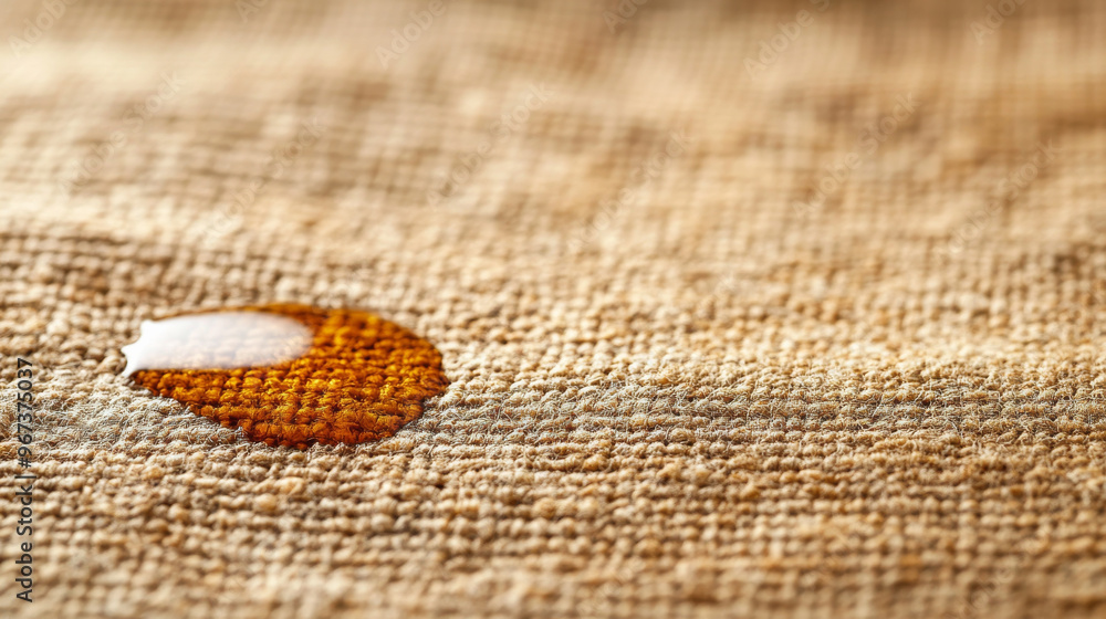 A close up view of coffee stain on textured fabric surface, showcasing intricate details of material and stains color. image evokes sense of everyday life and small accidents that happen