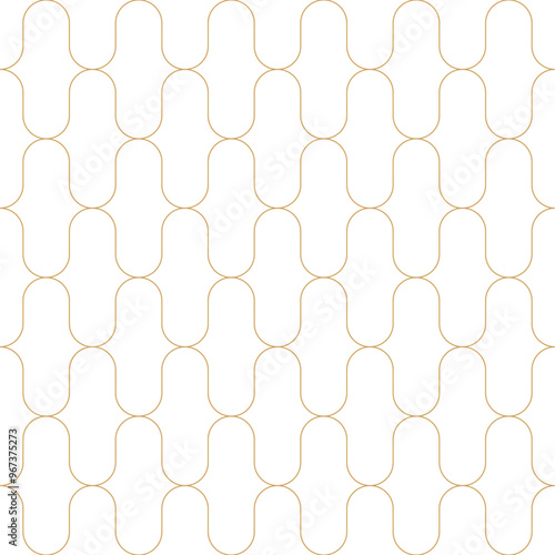 Seamless pattern featuring interconnected, elongated oval shapes. Gold grid line repeat background vector.