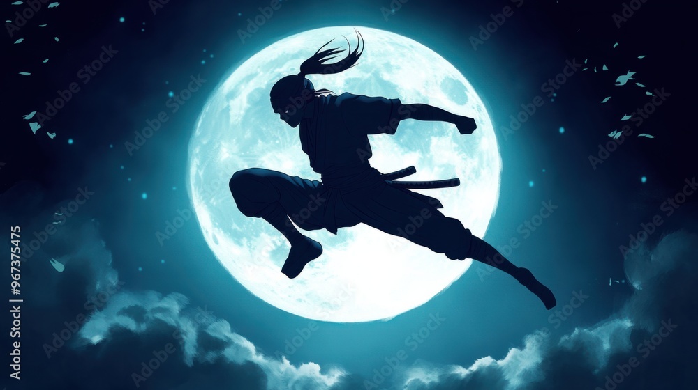 A cartoon ninja performing a high-flying kick, silhouetted against the bright full moon. A cartoon ninja performing a high-flying kick, silhouetted against the bright full moon.