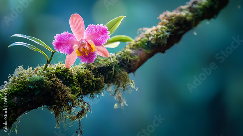 A close-up of a rare orchid blooming on a moss-covered tree branch deep within the Amazon rainforest 