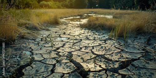 Severely dry wetland swamp and pond leading to cracked soil crust due to drought depicting the impacts of climate change and environmental disaster on the earth s surface posing a threat to