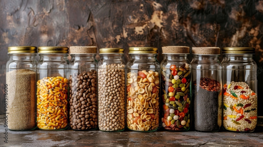 Collection of nutritious superfoods and grains in glass jars for community donation drive Collection of nutritious superfoods and grains in glass jars for community donation drive