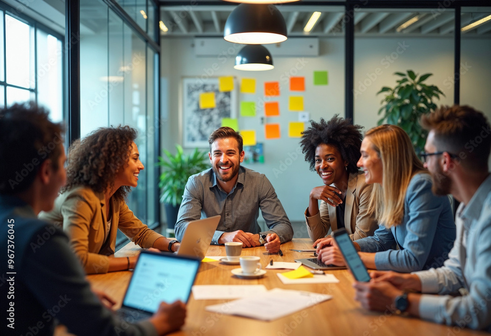 custom made wallpaper toronto digitalA diverse team brainstorms in a bright glass office, surrounded by vibrant post-its and natural light.







