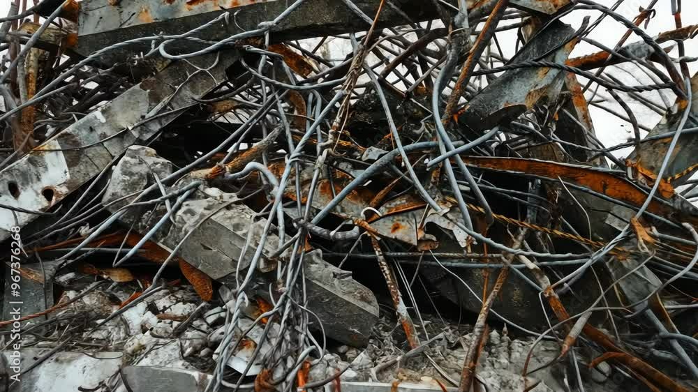 Concrete debris and rebar remnants from a demolished building in an urban area Concrete debris and rebar remnants from a demolished building in an urban area