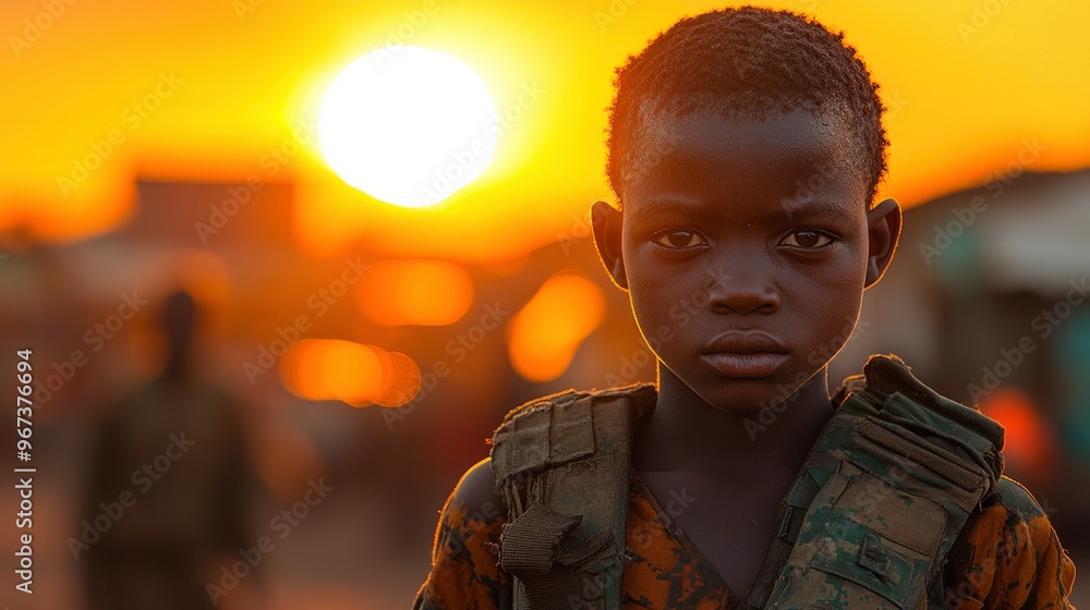 Fototapeta premium Young African Boy Looking Into The Camera At Sunset