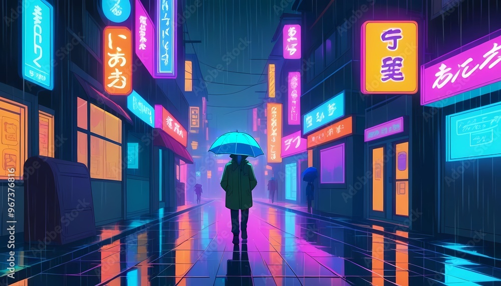 Anime Boy Walking in Rainy Night Street, Neon Lights Glowing, Lofi Vibe Anime Boy Walking in Rainy Night Street, Neon Lights Glowing, Lofi Vibe