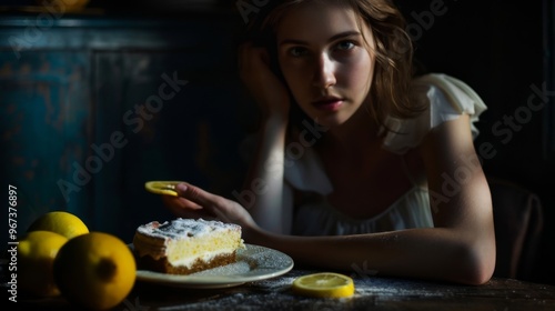 A young woman enjoys a slice of lemon cake with fresh lemons by her side. The light creates a dreamlike mood around her.