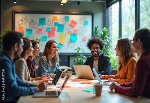 A diverse team brainstorms in a bright glass office, surrounded by vibrant post-its and natural light.






