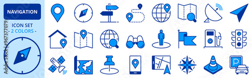 Icons in two colors about navigation. Technology concept.
