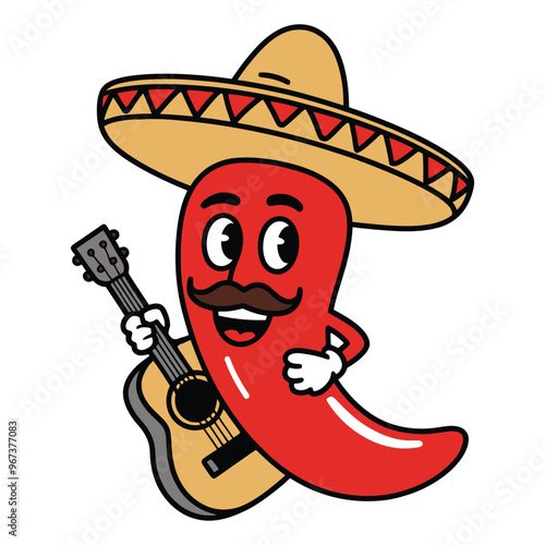 Cheerful red chili pepper playing guitar in sombrero vector illustration