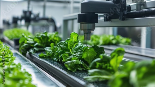 A futuristic factory processing and packaging fresh leafy greens with precise automation