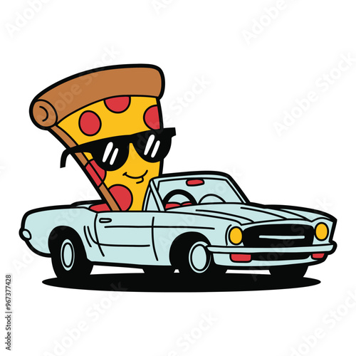 Cool pepperoni pizza slice cruising in vintage convertible car illustration