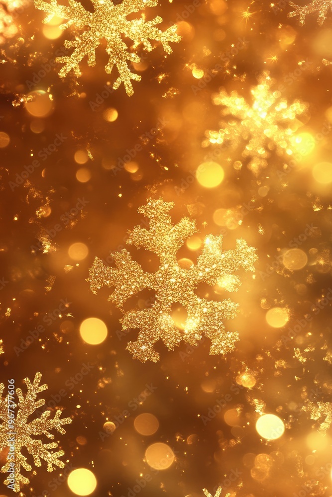 Christmas themed background featuring a mix of large and small falling snowflakes in shades of yellow enhanced by a beautiful bokeh effect Christmas themed background featuring a mix of large and small falling snowflakes in shades of yellow enhanced by a beautiful bokeh effect