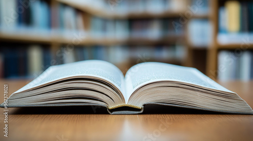 A close up view of an open book resting on wooden table, with blurred bookshelves in background, creating serene atmosphere for reading and learning