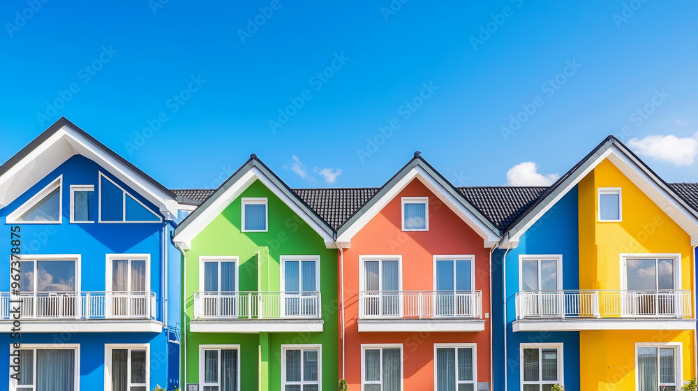 Colorful modern houses lined up under a clear blue sky, showcasing vibrant architecture and design Colorful modern houses lined up under a clear blue sky, showcasing vibrant architecture and design