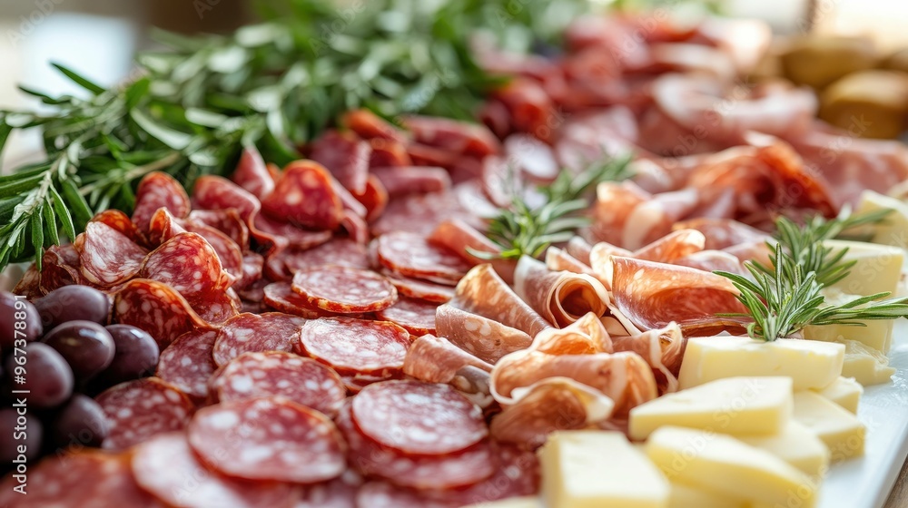 A colorful charcuterie board with meats, cheeses, and herbs. A colorful charcuterie board with meats, cheeses, and herbs.