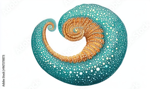 Teal dot filled marine nautilus symbol in pointillism style 2D cartoon illustration on a white background