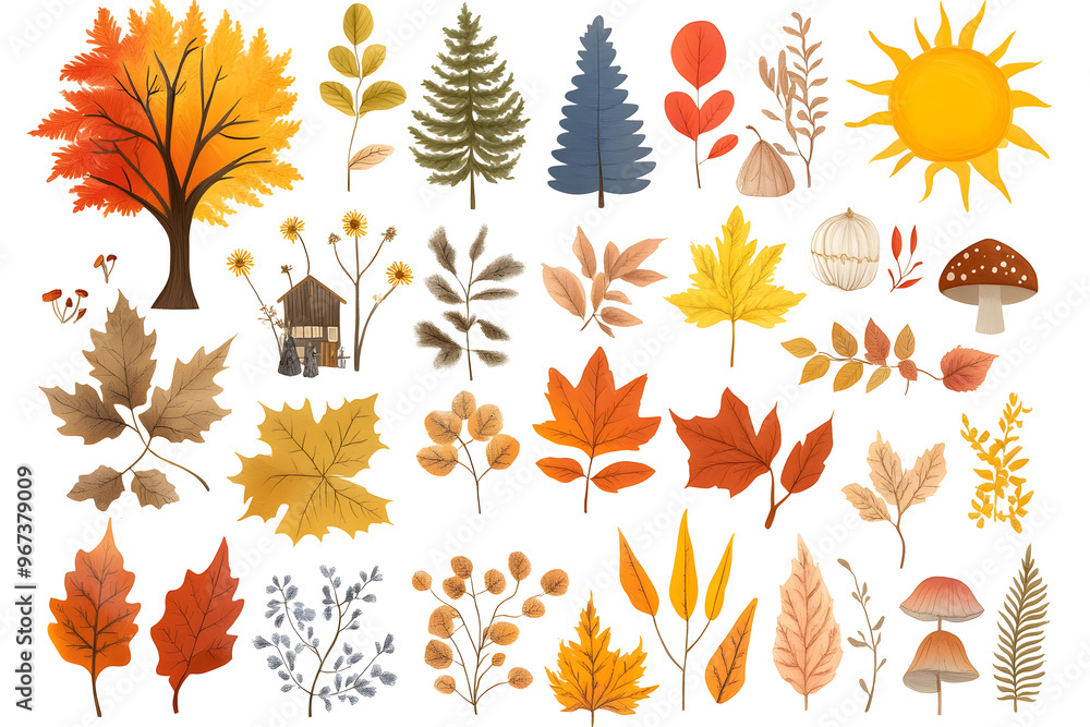 Obraz premium Hand drawn cartoon autumnal collection of yellow plants and leaves isolated on white background