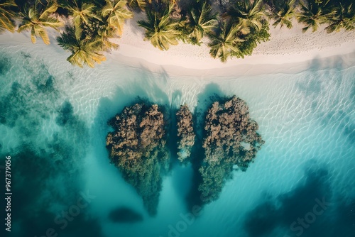 Drohnenaufnahme einer einsamen tropischen Insel inmitten des klaren blauen Ozeans photo