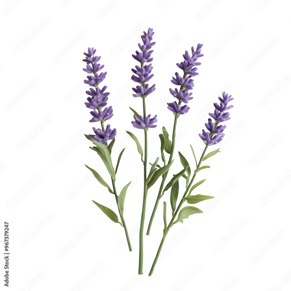 Naklejka premium A bouquet of lavender flowers, showcasing their vibrant purple color and green leaves.