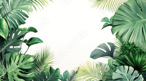 Cutout tropical green leaves in the foreground featuring a 2D cartoon illustration set against a white background photo