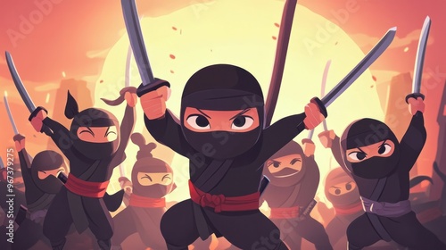 A group of cartoon ninjas celebrating victory, cheering with their swords raised high after a successful mission. photo