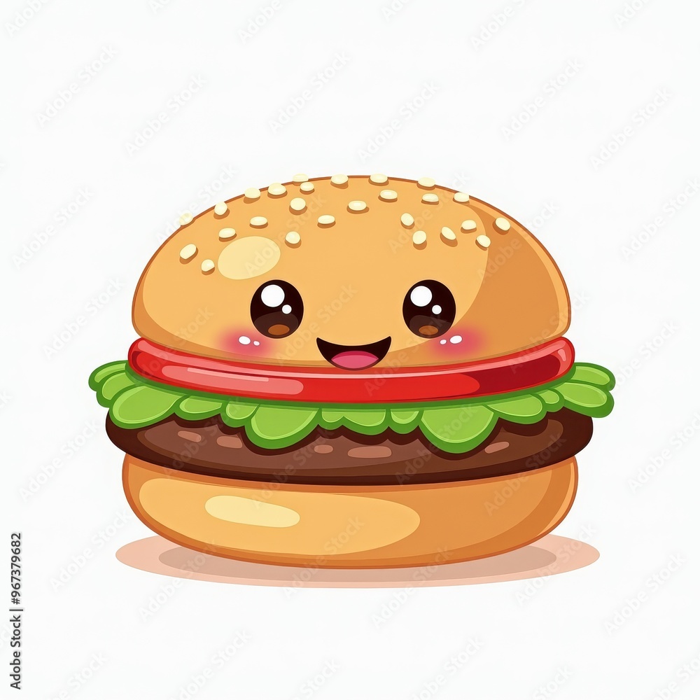Cute Smiling Hamburger Illustration with Kawaii Style for Children's Books and Food-Themed Designs Cute Smiling Hamburger Illustration with Kawaii Style for Children's Books and Food-Themed Designs