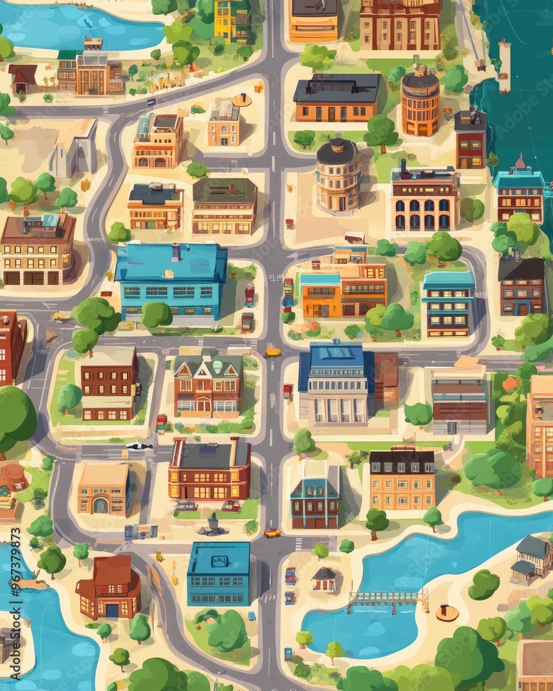 2D cartoon style illustration of an urban city map 2D cartoon style illustration of an urban city map