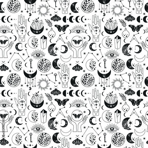Seamless pattern Mystical moon phases and woman hands and moth, alchemy esoteric magic space, vector isolated on white background