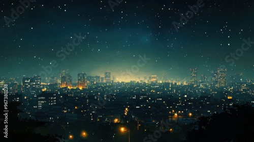Wallpaper Mural A city skyline illuminated by soft streetlights, with the night sky full of distant stars above. Torontodigital.ca