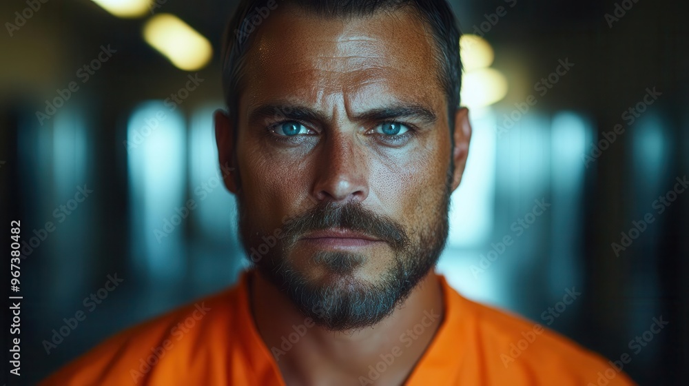 stoic prisoner in orange jumpsuit facing camera for mugshot harsh fluorescent lighting stark police station background stoic prisoner in orange jumpsuit facing camera for mugshot harsh fluorescent lighting stark police station background