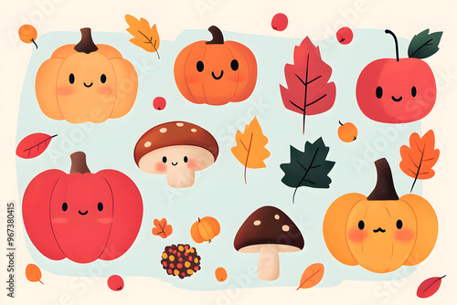 Hand drawn cozy cartoon autumnal collection of yellow plants, pumpkins, isolated on white background