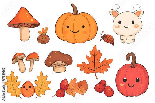 Hand drawn cozy cartoon autumnal collection of yellow plants,  pumpkins, isolated on white background