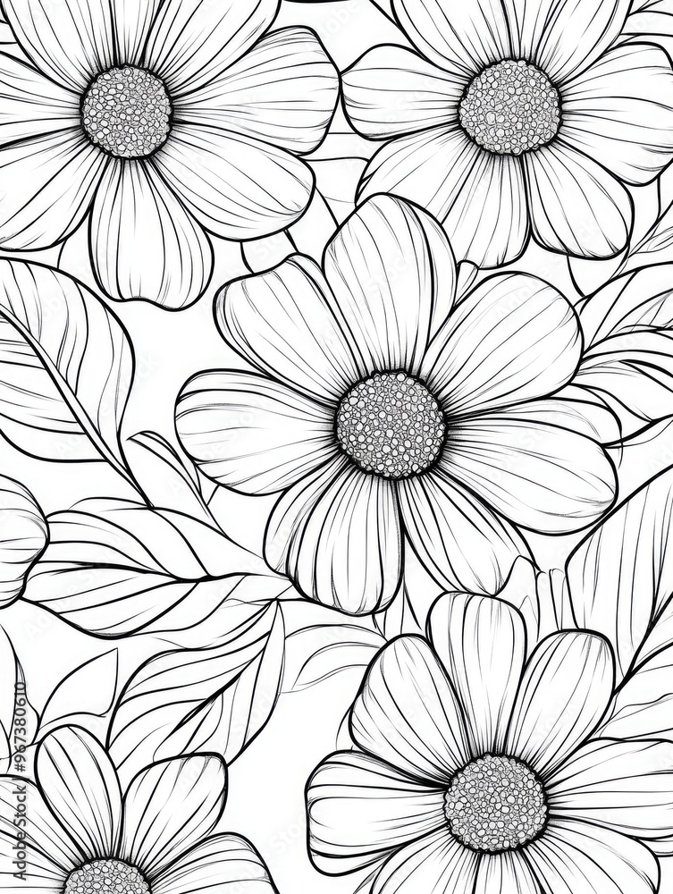 Daisy flower coloring page featuring intricate doodle art with detailed line work designed for an anti stress adult coloring experience complemented by leaf illustrations Daisy flower coloring page featuring intricate doodle art with detailed line work designed for an anti stress adult coloring experience complemented by leaf illustrations