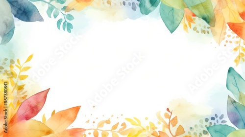 Vibrant Watercolor Floral Frame. Painted Botanical Border with Colorful Foliage Background with White Space for Text