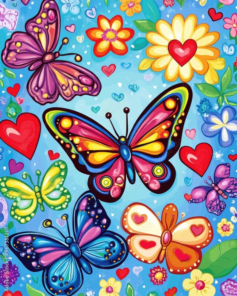 custom made wallpaper toronto digitalColorful butterflies surrounded by flowers and hearts in a whimsical 2D cartoon illustration