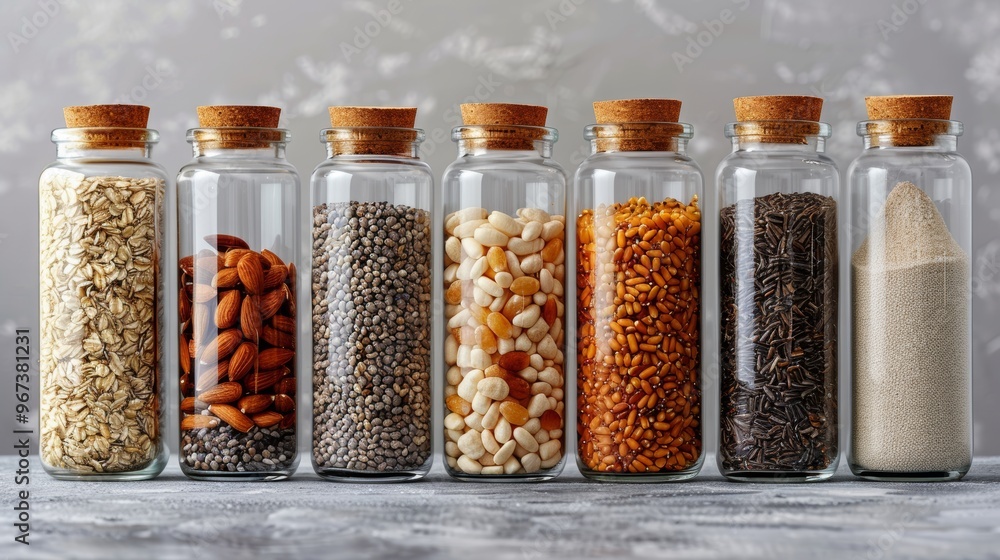 Diverse selection of superfoods and grains in glass jars for healthy eating donations Diverse selection of superfoods and grains in glass jars for healthy eating donations