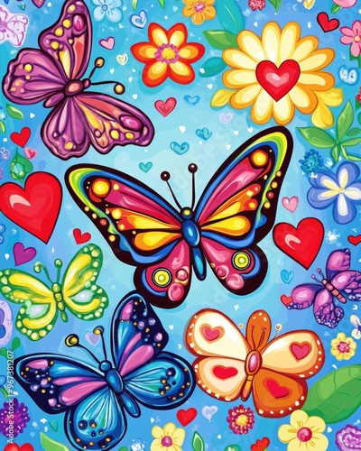 Wallpaper Mural Colorful butterflies surrounded by flowers and hearts in a whimsical 2D cartoon illustration Torontodigital.ca