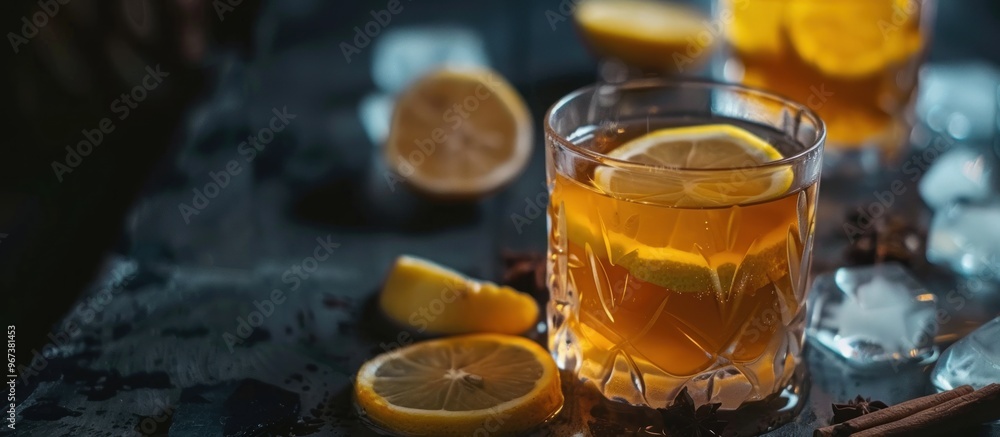 hot whiskey with lemon, honey and spices. On a dark background hot whiskey with lemon, honey and spices. On a dark background