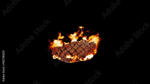 Burning Cooked Meat. Fire Effect Animation on Transparent Background Isolated 4K Video. Visual Effects and Motion Graphics Element.