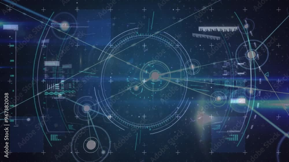Animation of data processing with scope scanning over network of connections on black background Animation of data processing with scope scanning over network of connections on black background