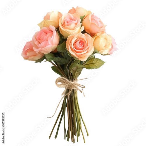 A bouquet of pastel-colored roses tied with twine, perfect for gifting or decoration.