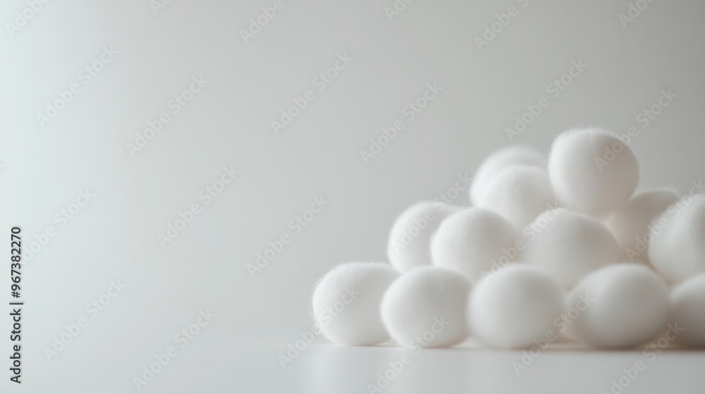 A creative photograph of cotton balls arranged in a minimalist composition on a white surface. A creative photograph of cotton balls arranged in a minimalist composition on a white surface.